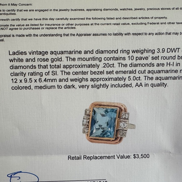 Vintage Art Deco  Stunning 14K, 5.5 ct Radiant Cut Aquamarine Diamond Ring - Picture 14 of 14